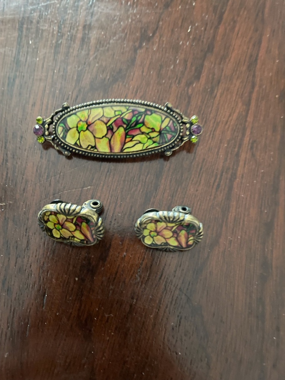 Floral Enamel Yellow-Green Vintage Style Brooch and Earrings Set